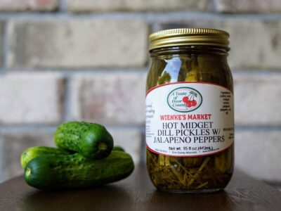 Hot Midget Dill Pickles w/ jalapeno peppers-16 oz.